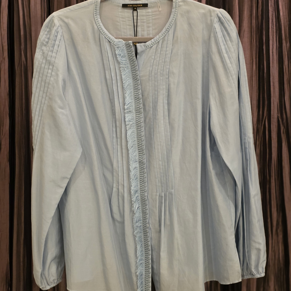NWT.  Kobi Halperin Pale Blue Fringe-Trim Button-Down Blouse